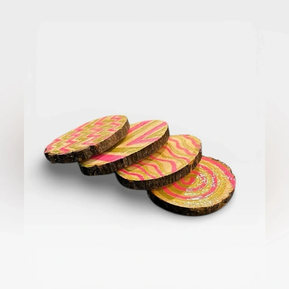 Handmade 4 Raw Wood Pink and Gold Patterned Coasters